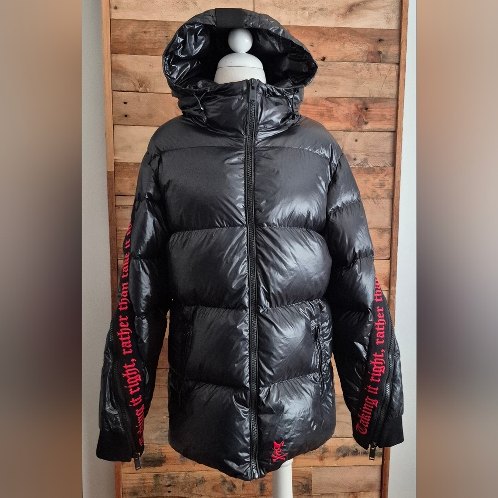 Down Feather Filled Hooded Puffer Jacket Mens L Shiny Black Quilted Winter Coat